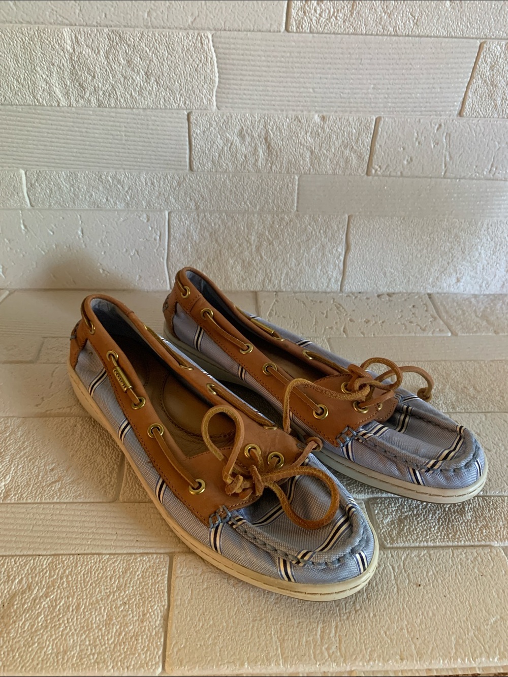 Coach Blue Striped Canvas & Tan Leather Moccasins